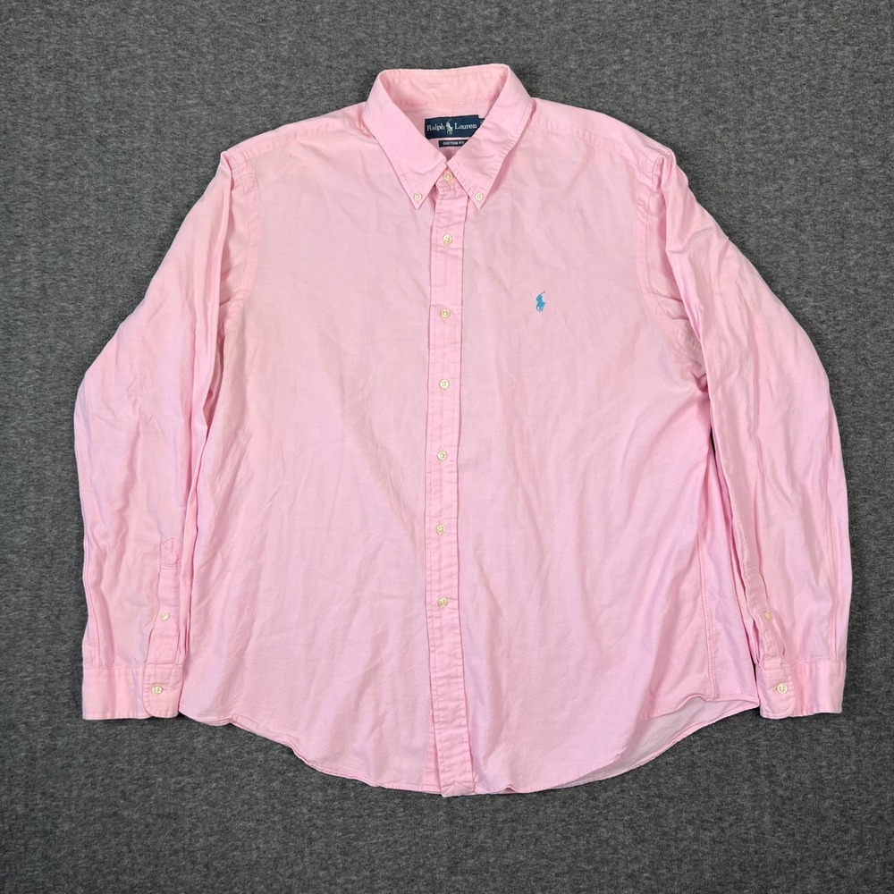 Vintage Ralph Lauren Button Down Shirt Men's XL Pink Custom Fit Teal Pony Preppy - Picture 2 of 8